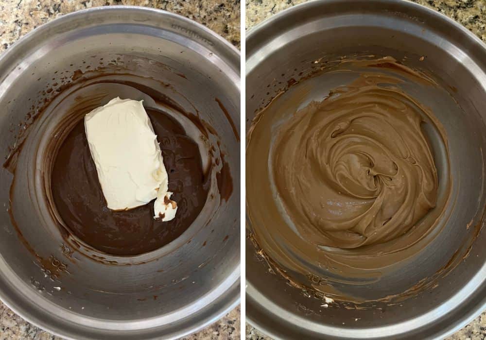 two photos; one shows a block of softened cream cheese added to the chocolate pudding mixture; the other shows the same mixture after the cream cheese has been beaten in.