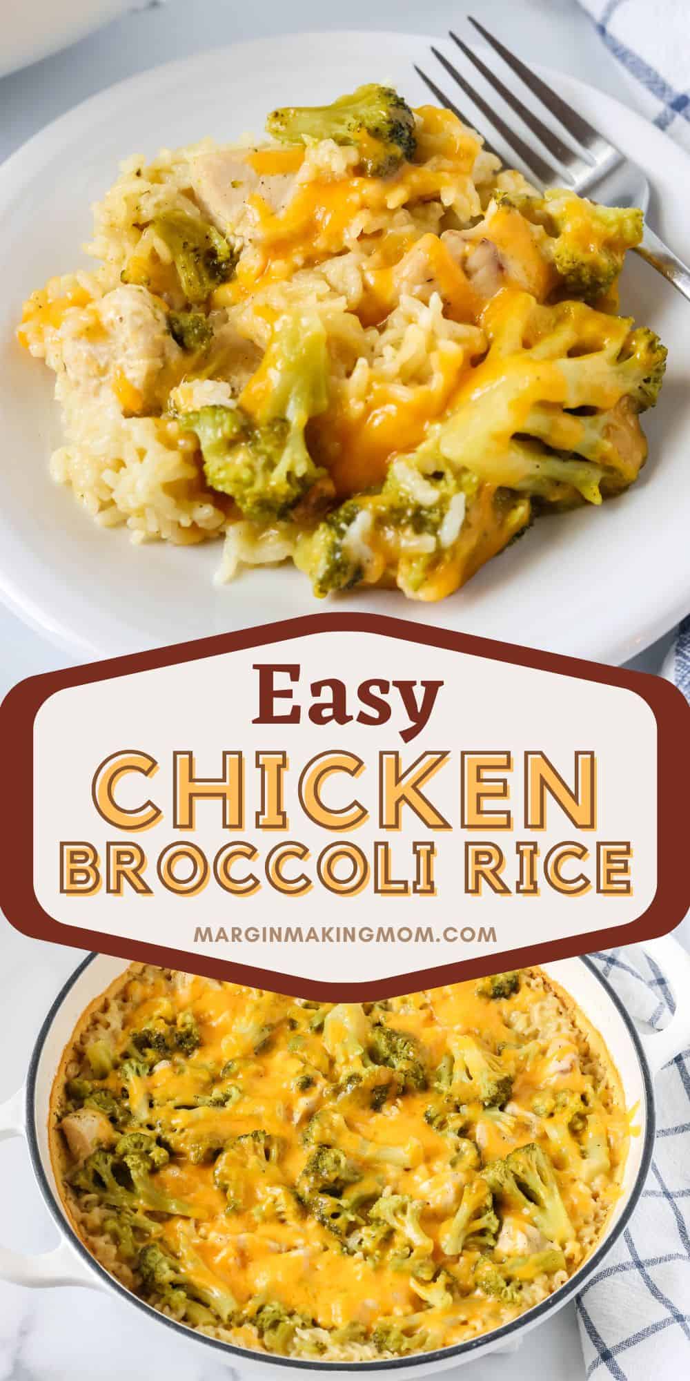 two photos; one shows a serving of easy chicken and rice with broccoli on a white plate with a fork. The other shows the freshly baked casserole in the dutch oven.