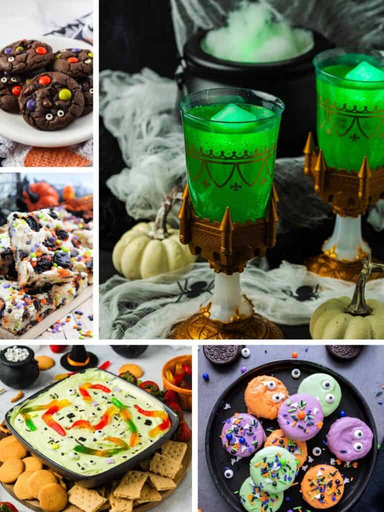 collage image featuring various easy Halloween treats for the whole family, including non-alcoholic punch, cookies, cake bars, fruit dip, and decorated Oreos.