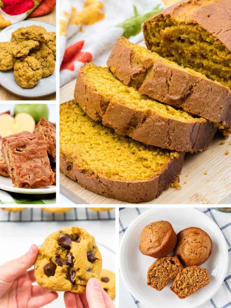 collage image featuring five fall bake sale ideas that can be easily baked at home, including pumpkin bread, cookies, muffins, and apple blondies.