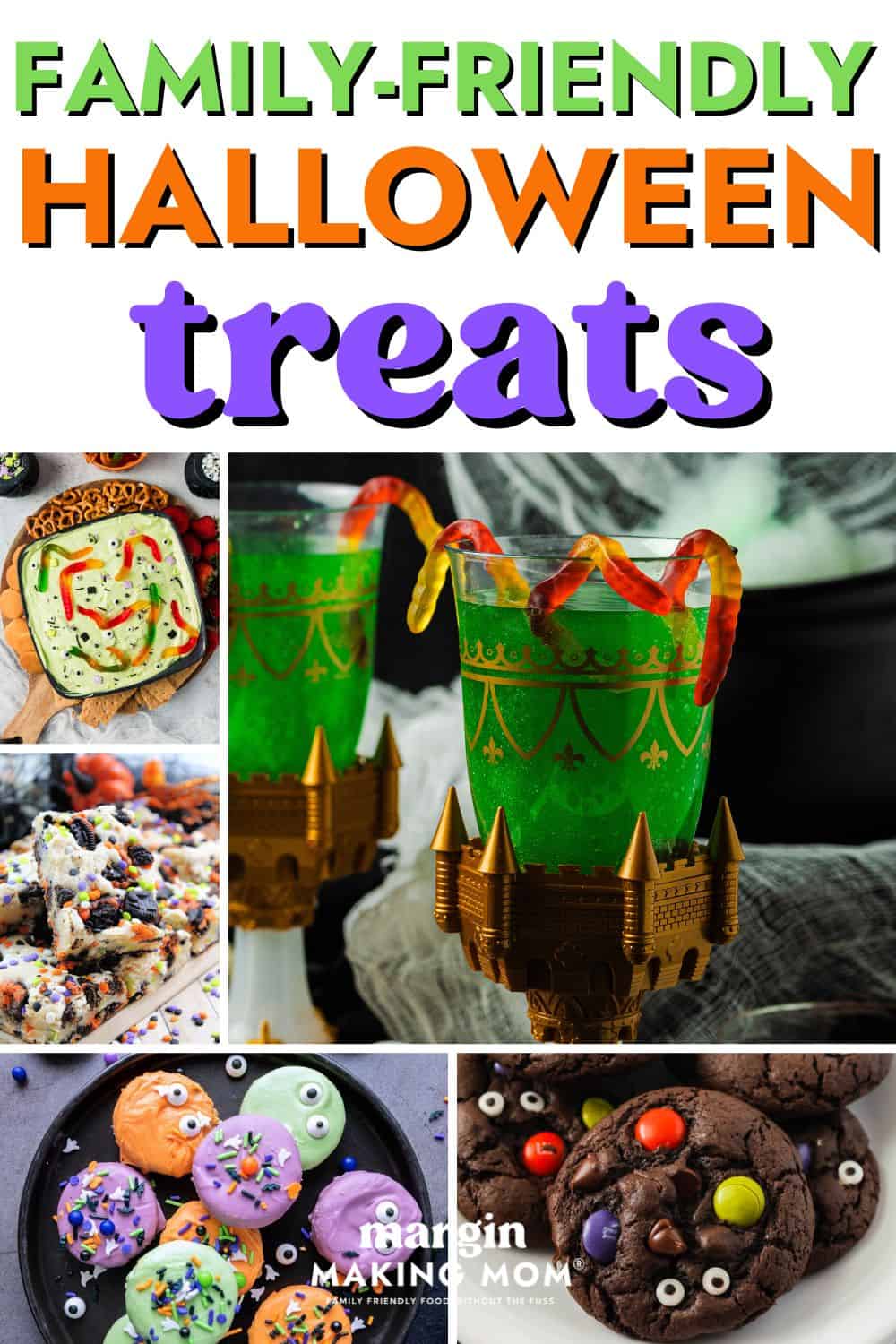 collage image featuring five homemade Halloween treats that are perfect for the whole family.