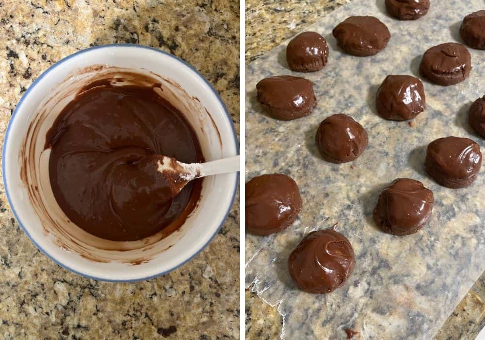 two photos; one shows chocolate icing mixed in a small bowl; the other shows several chocolate cookies after having their tops dipped in the chocolate icing.