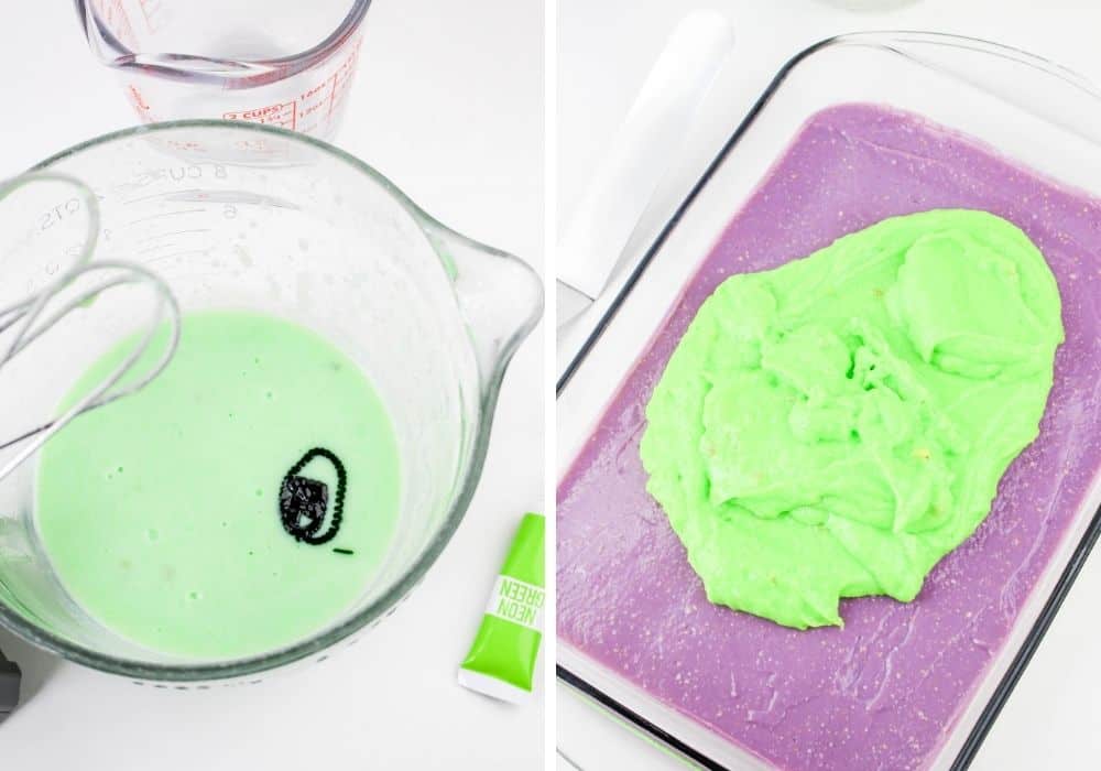 two photos; one shows pistachio pudding, milk, and food coloring in a mixing bowl; the other shows the green pudding spread over the purple layer.