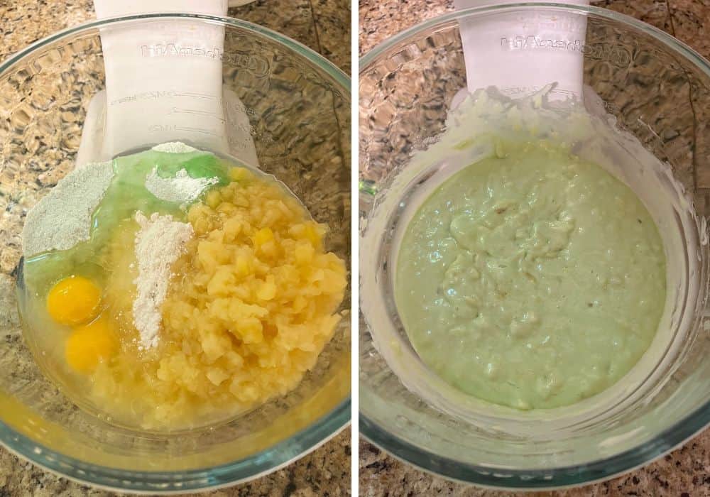 two photos; one shows all ingredients for pineapple pistachio cake in a mixing bowl; the other shows the batter after it's been mixed together.