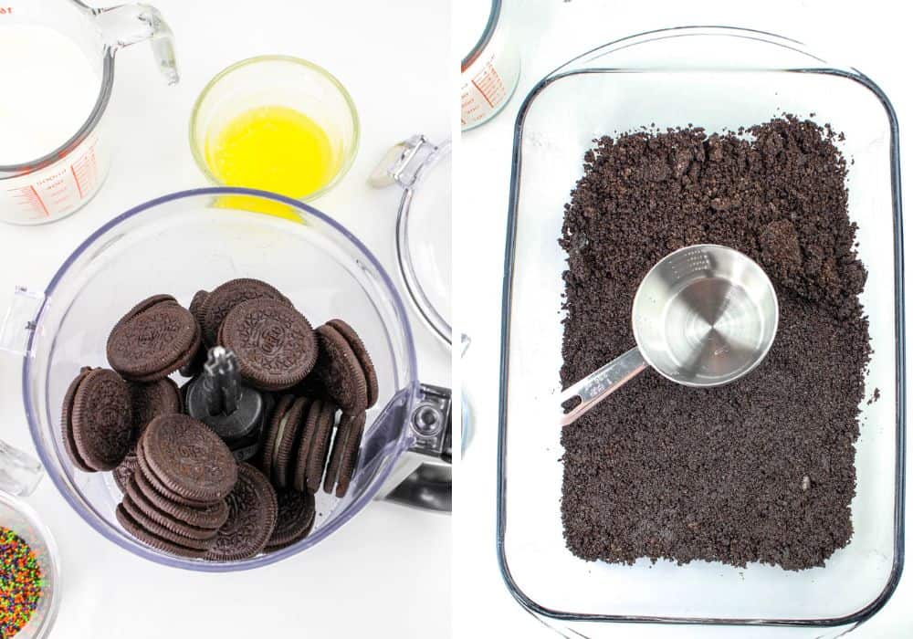 two photos; one shows Oreo cookies in a food processor; the other shows the Oreo crumb and butter mixture being pressed into a pan to create a crust.
