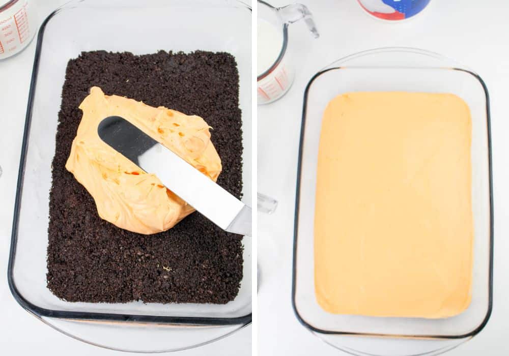 two photos; one shows orange cream cheese layer being spread over chocolate cookie crust. The other shows the orange layer completely spread in the pan.