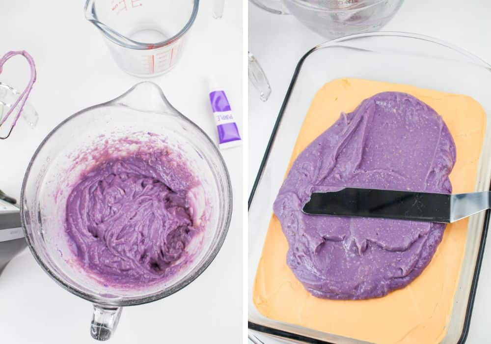 two photos; one shows purple pudding mixture in a mixing bowl; the other shows the purple pudding being spread over the orange cream layer.