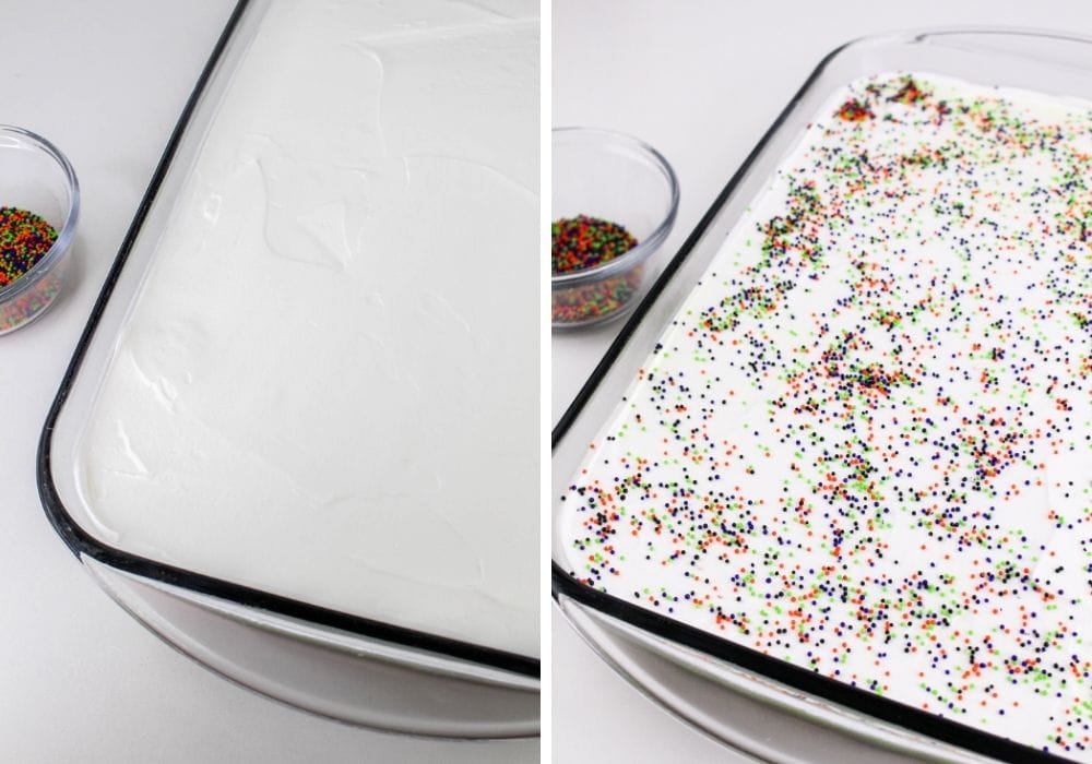 two photos; one shows Cool Whip whipped topping spread over the top of a layered Halloween dessert; the other shows Halloween sprinkles spread over the top.