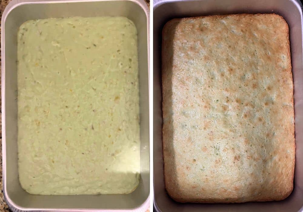 two photos; one shows cake batter spread into a 9x13" pan; the other shows the freshly baked golden-brown cake.