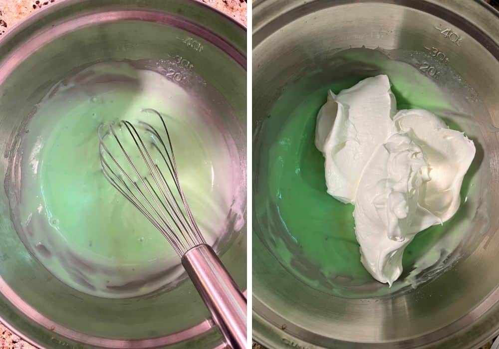 two photos; one shows pistachio pudding mix and milk being whisked together in a mixing bowl; the other shows cool whip added to the pudding mixture.