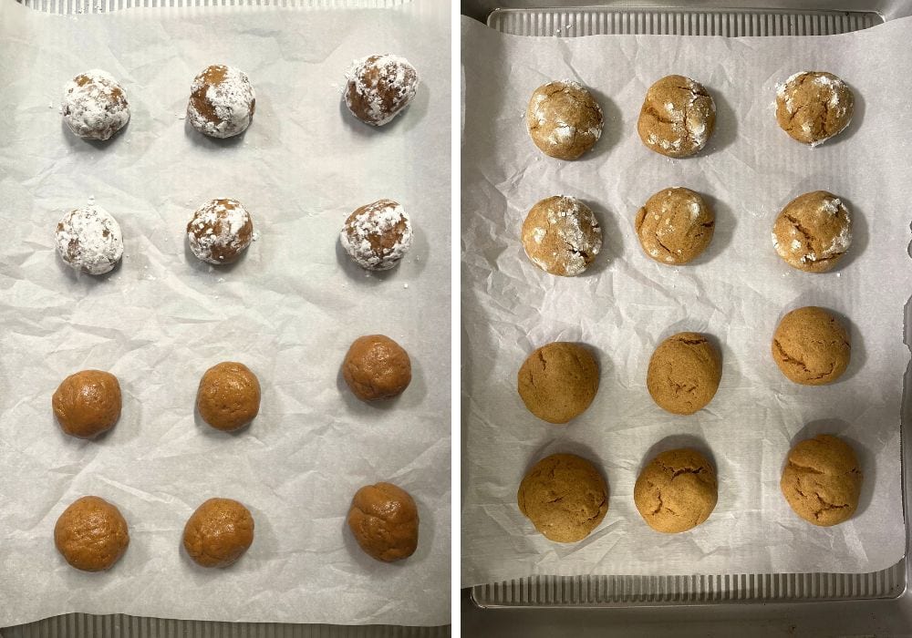 two photos; one shows rounds of pumpkin spice cookie dough on a parchment-lined baking sheet; some of the dough balls have been rolled in powdered sugar. The second photo shows the same rounds of dough after being baked into cookies.