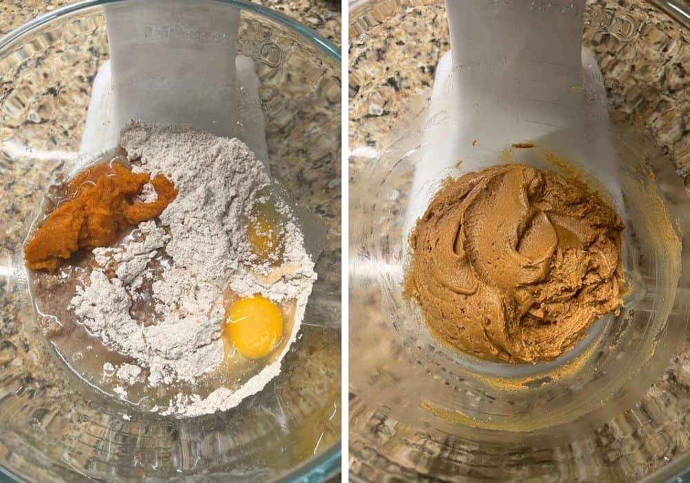 two photos; one shows all cookie dough ingredients in a glass mixing bowl; the other shows the ingredients mixed into a cookie dough.