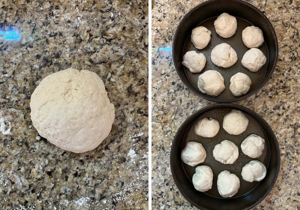 two photos; one shows a ball of dough on a lightly floured surface; the other shows two cake pans filled with rounds of the bread dough. This is before the dough has risen.
