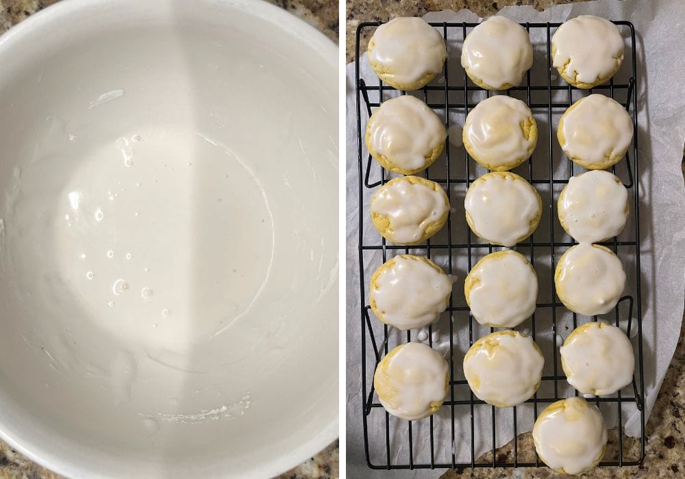 two photos; one shows powdered sugar glaze in a white bowl; the other shows the lemon cookies topped with icing and set on a wire rack to dry.