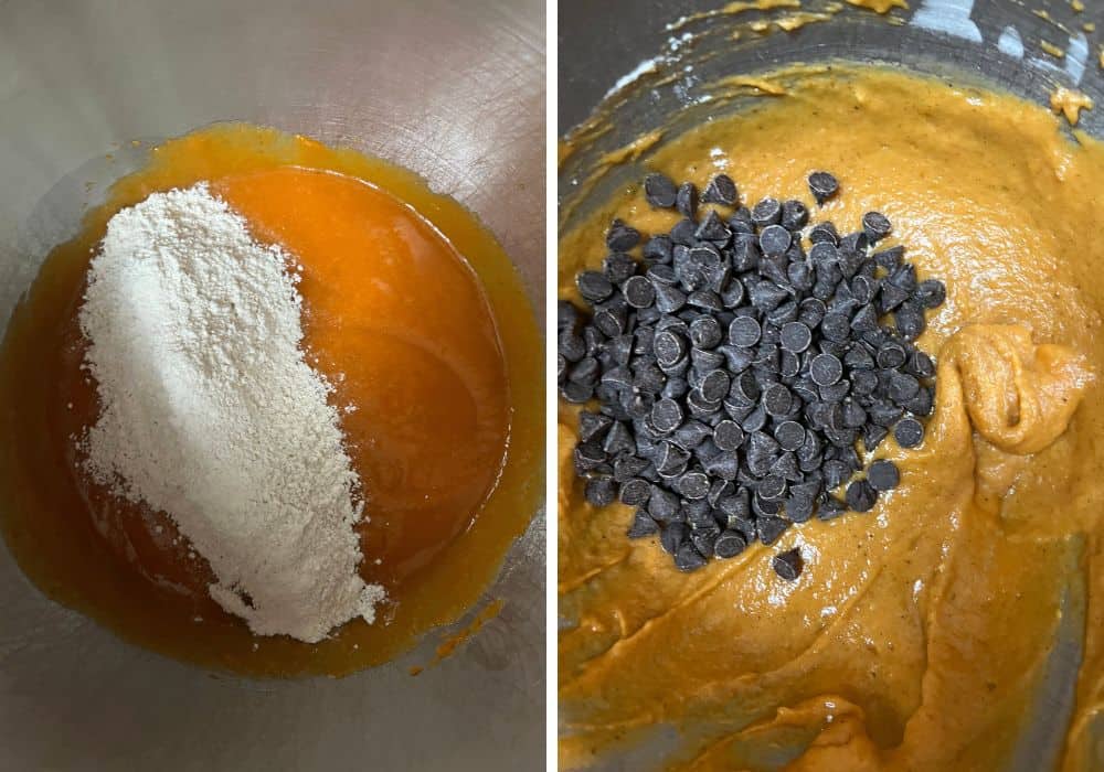 two photos; one shows dry ingredients added to wet ingredients; the other photo shows chocolate chips in the batter.