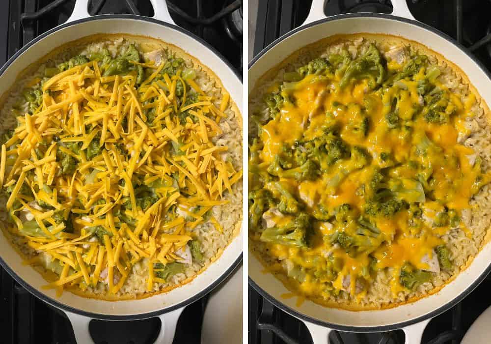 two photos; one shows the overhead view of the dutch oven filled with freshly baked casserole that's been topped with shredded cheese; the other shows the same pan after the cheese has been melted in the oven.