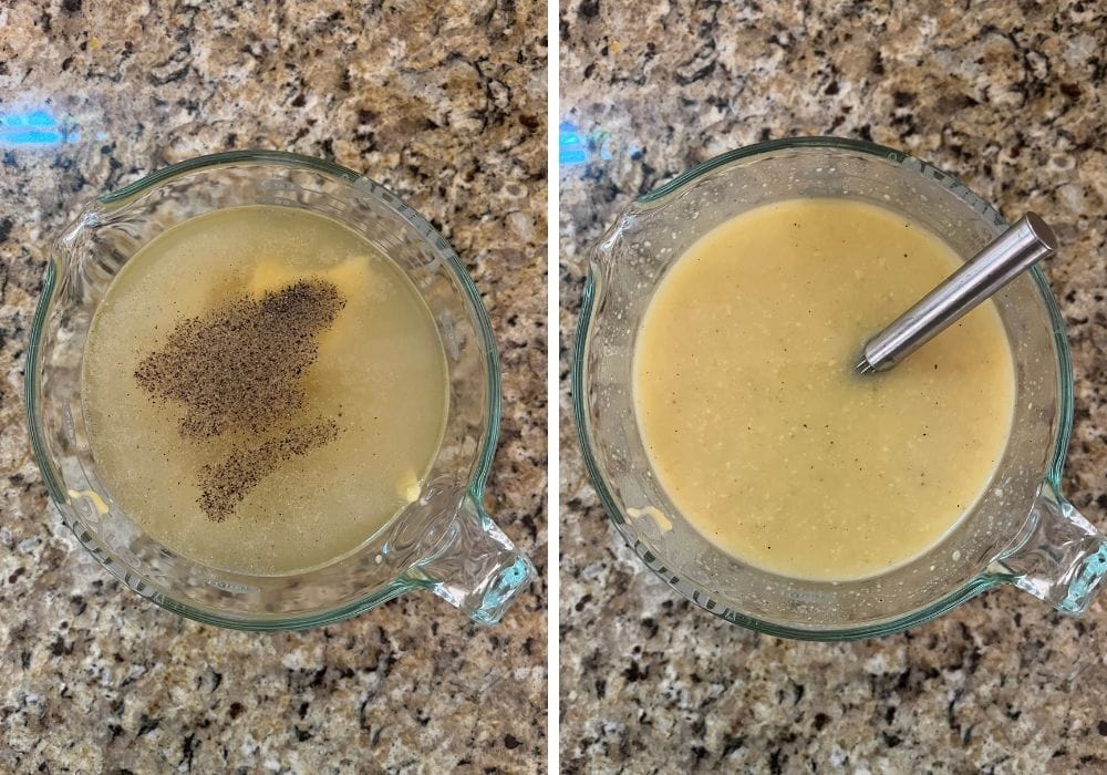 two photos; one shows chicken broth, cream of chicken soup, and seasonings combined in a large liquid measuring cup. The other shows those ingredients whisked together in the measuring cup.