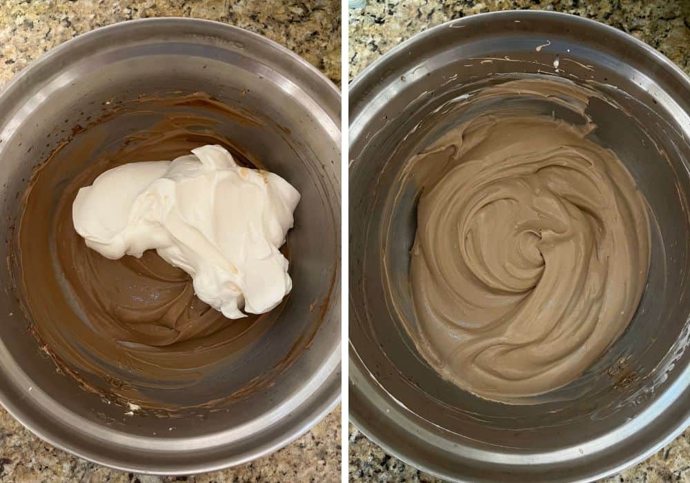 two photos; one shows Dream Whip topping added to chocolate pudding mix; the other shows the mixture folded together to create the Dream Whip pie filling.