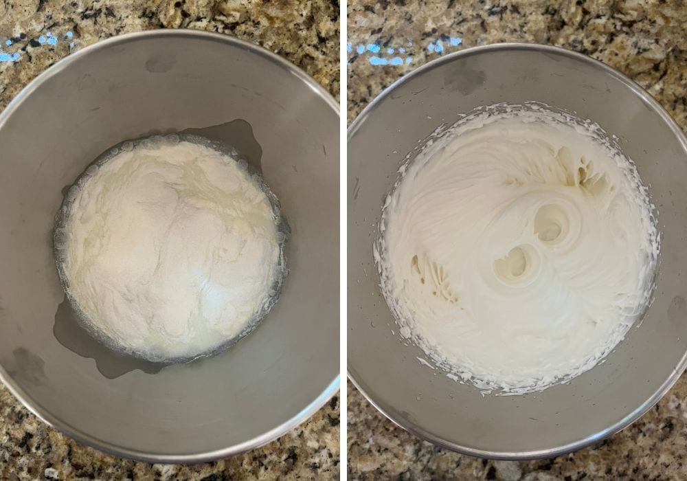 two photos; one shows Dream Whip mix and milk in a small mixing bowl; the other shows the two ingredients beaten together until whipped to stiff peaks.
