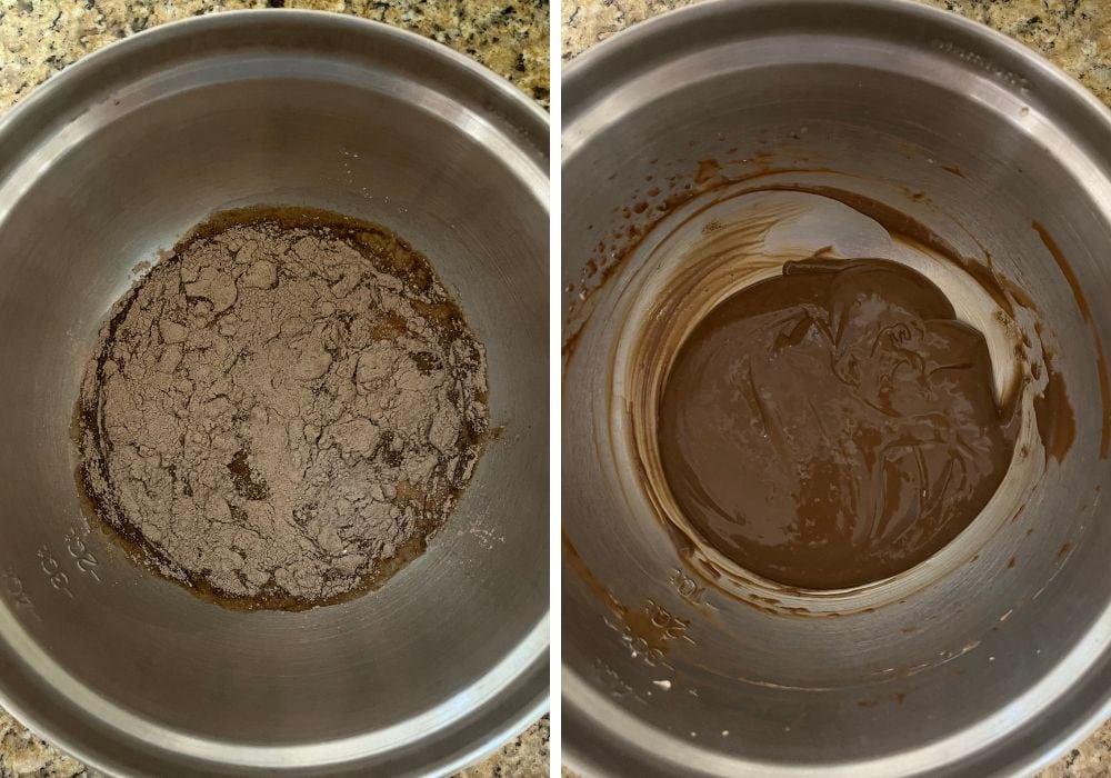 two photos; one shows chocolate instant pudding mix and milk in a mixing bowl; the other shows the mixture whisked and thickened.