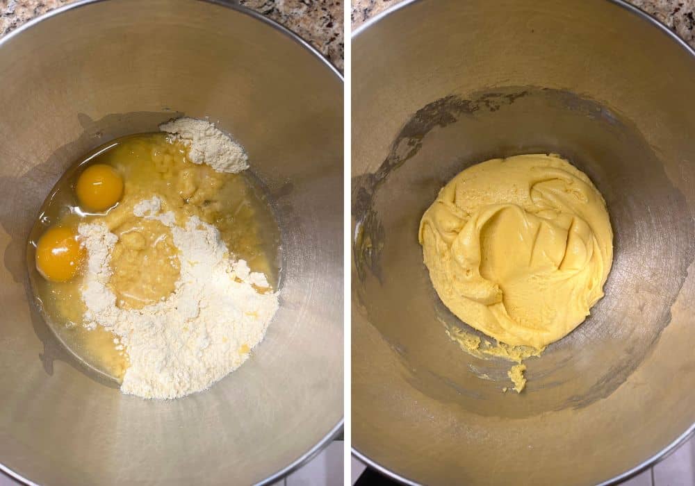 two photos; one shows all cookie dough ingredients in a mixing bowl; the other shows the ingredients after being mixed together to form lemon cookie dough.