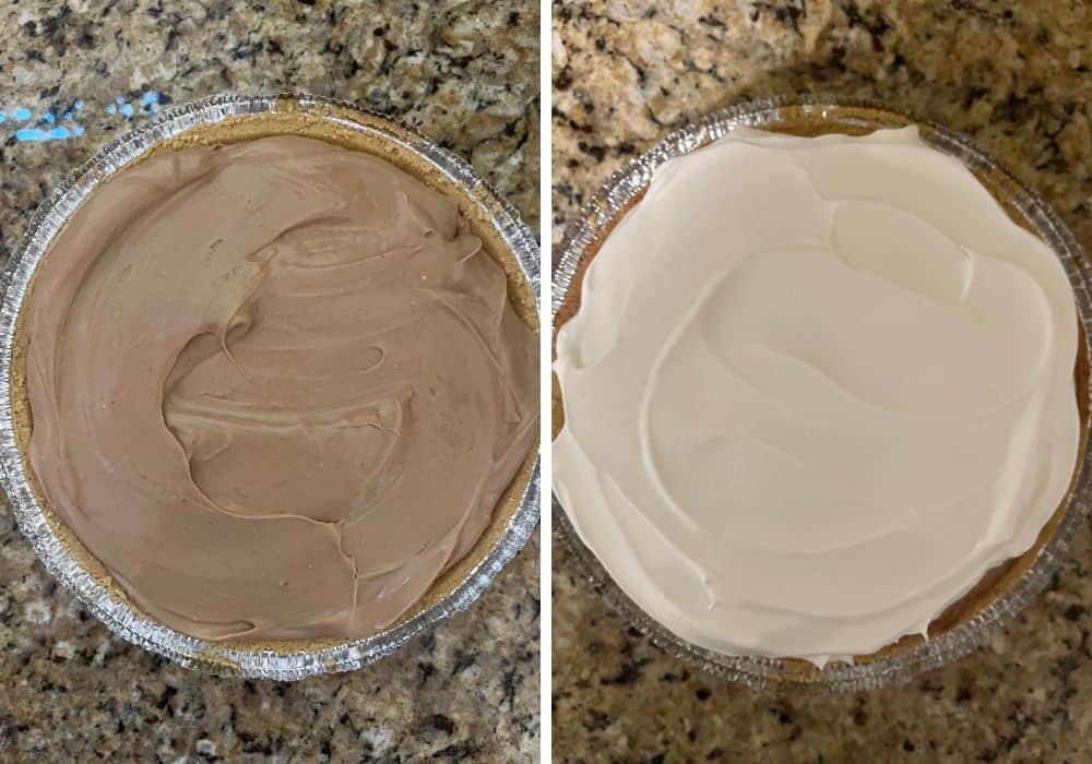 two photos; one is an overhead view of graham cracker crust filled with chocolate Dream Whip pie filling; the other shows the same pie topped with Cool Whip.