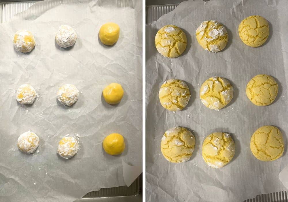 two photos; one shows rounds of lemon cookie dough made with cake mix. Some of the dough balls are rolled in powdered sugar and some are plain. The other photo shows the cookies after being baked; the powdered sugar cookies are crinkle cookies; whereas the plain ones will be topped with lemon glaze.