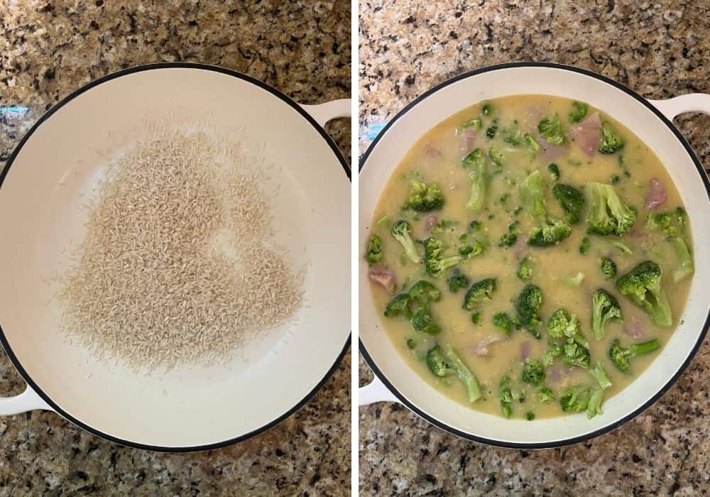 two photos; one is an overhead view of a dutch oven with long-grain white rice added to it; the other shows the remaining casserole ingredients (except cheese) added to the Dutch oven.