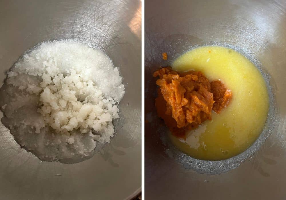two photos; one shows sugar and vegetable oil mixed together in a mixing bowl; the other shows eggs mixed in and pumpkin puree added to the mixture.
