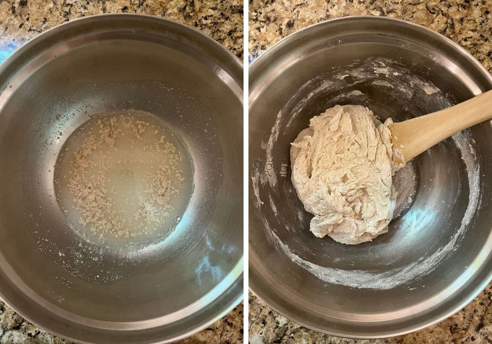 two photos; one shows the yeast proofing in water in a mixing bowl; the other shows the dough for the dinner rolls being stirred by a wooden spoon.