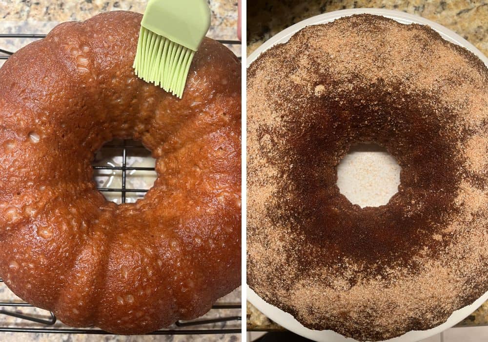 two photos; one shows a silicone brush spreading melted butter over the surface of the cake. The other shows cinnamon sugar sprinkled over the cake.