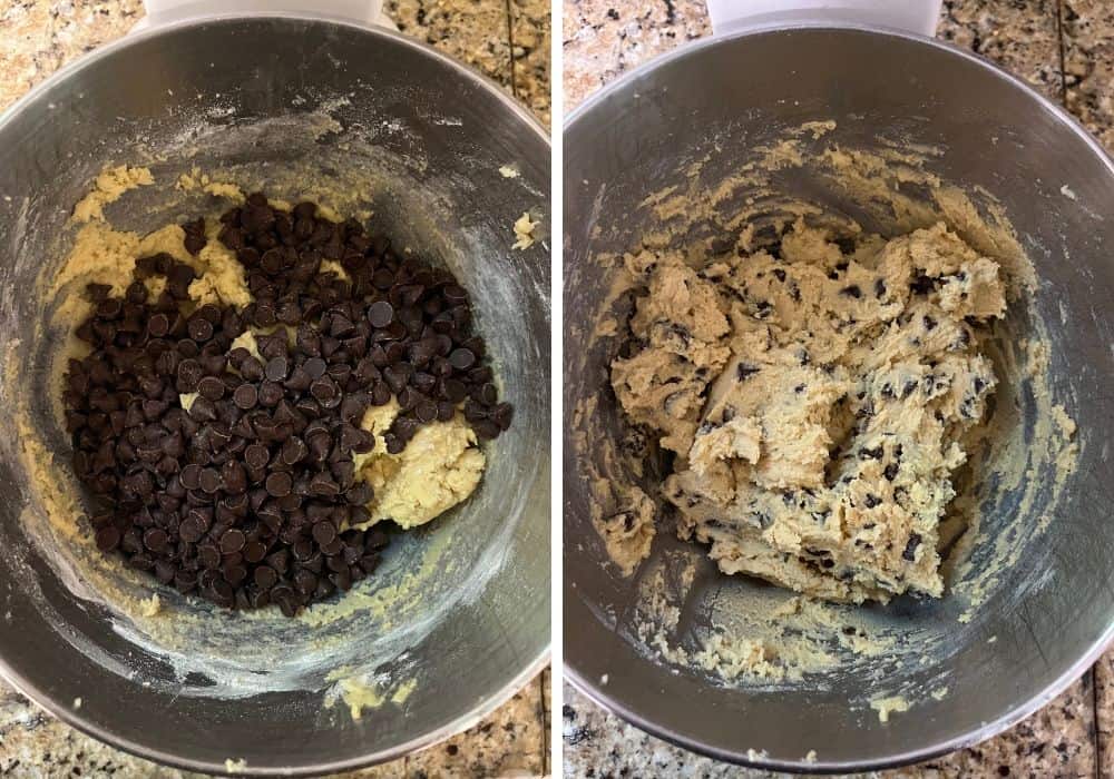 two photos; one shows chocolate chips added to the mixing bowl; the other shows them mixed into the cookie dough.