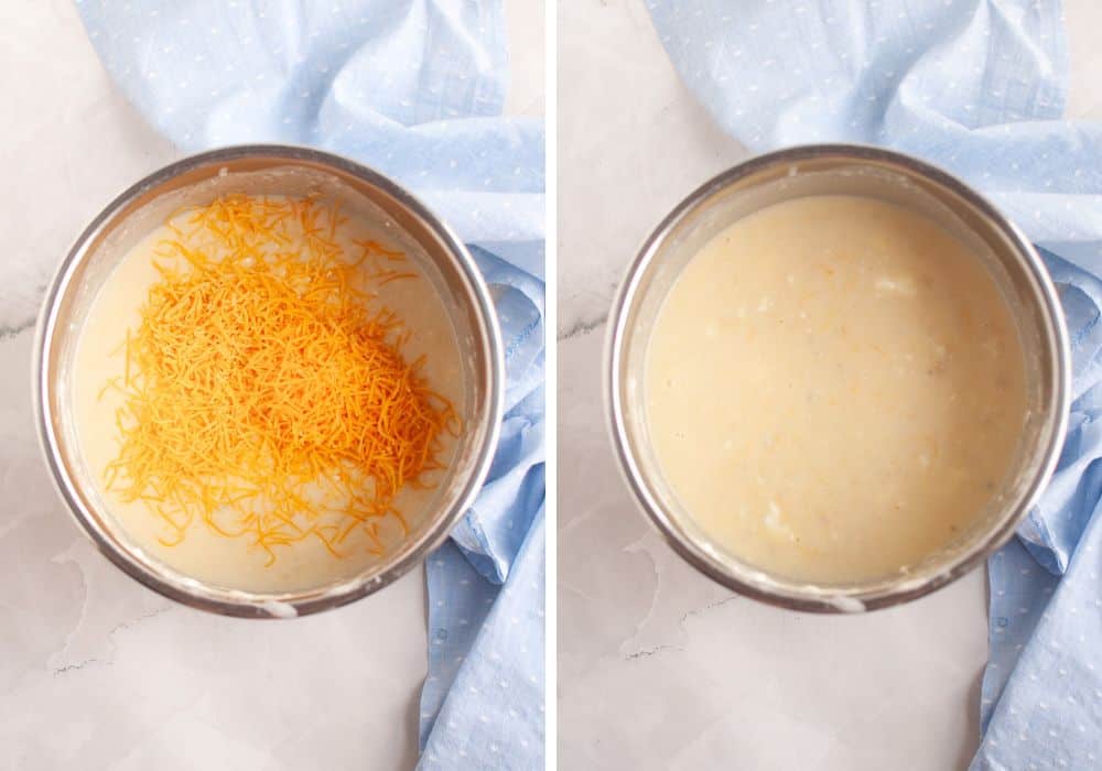 two photos; one shows shredded cheese added to the potato soup; the other shows the soup with the cheese melted in.