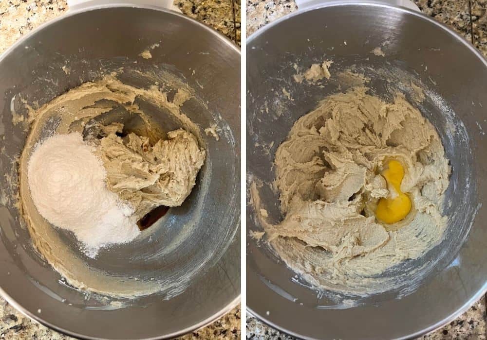 two photos; one shows pudding mix and vanilla extract added to the cookie batter; the other shows eggs added.