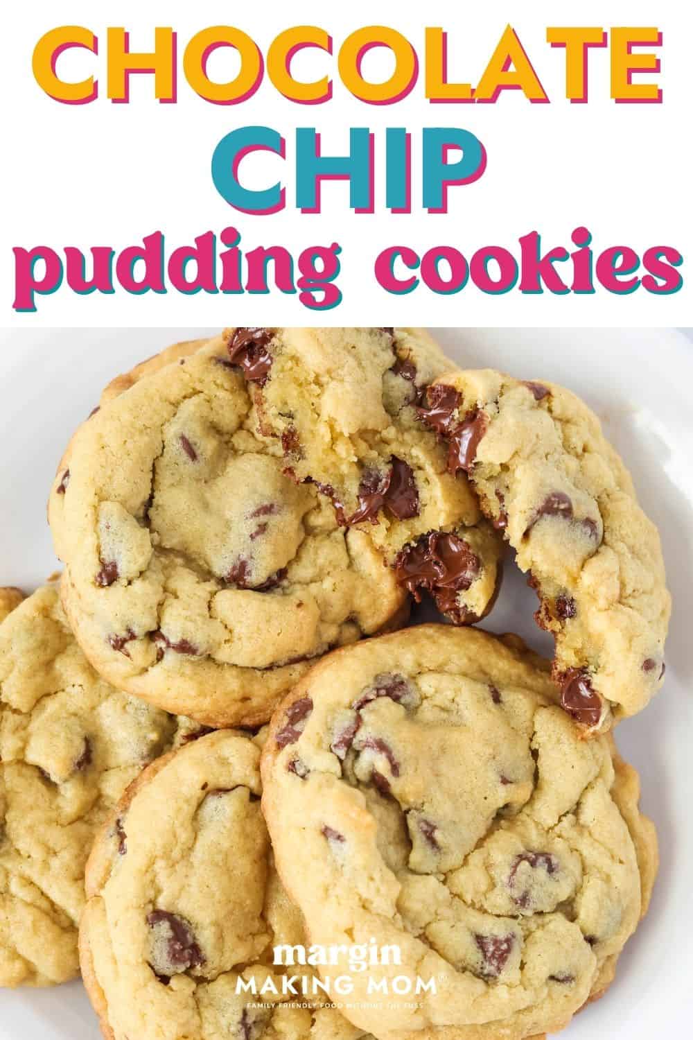 close-up view of chocolate chip pudding cookies on a white plate, one of which is broken to show the soft and chewy interior.