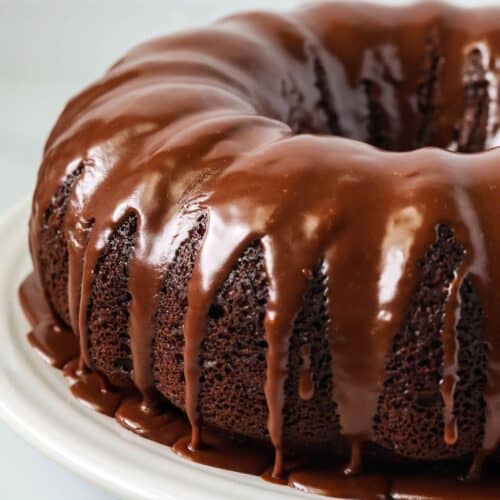 close-up view of a chocolate mayonnaise cake from a mix, topped with satiny chocolate icing.