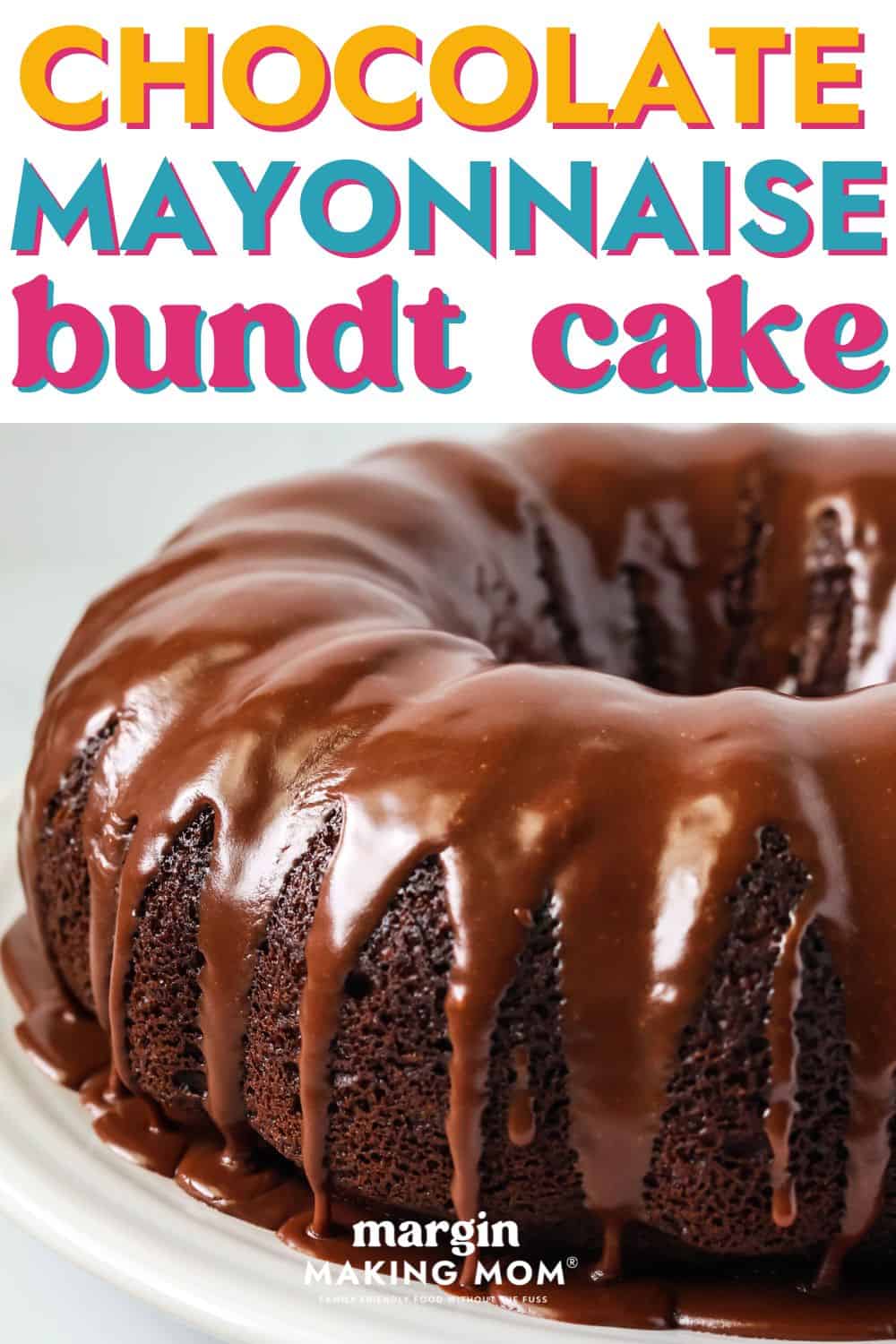 close-up view of the side of a chocolate mayonnaise cake from a mix, topped with chocolate icing drizzling down the sides of the bundt cake.