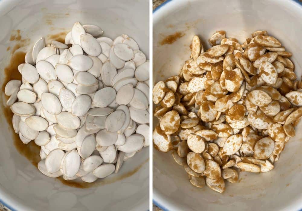 two photos; one shows raw pumpkin seeds added to the cookie butter mixture; the other shows the seeds coated with the mixture.