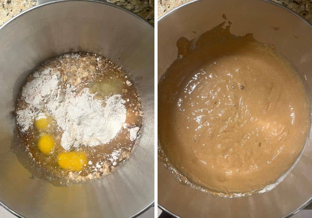 two photos; one shows the cake batter ingredients in a mixing bowl; the other shows the ingredients mixed into a batter.