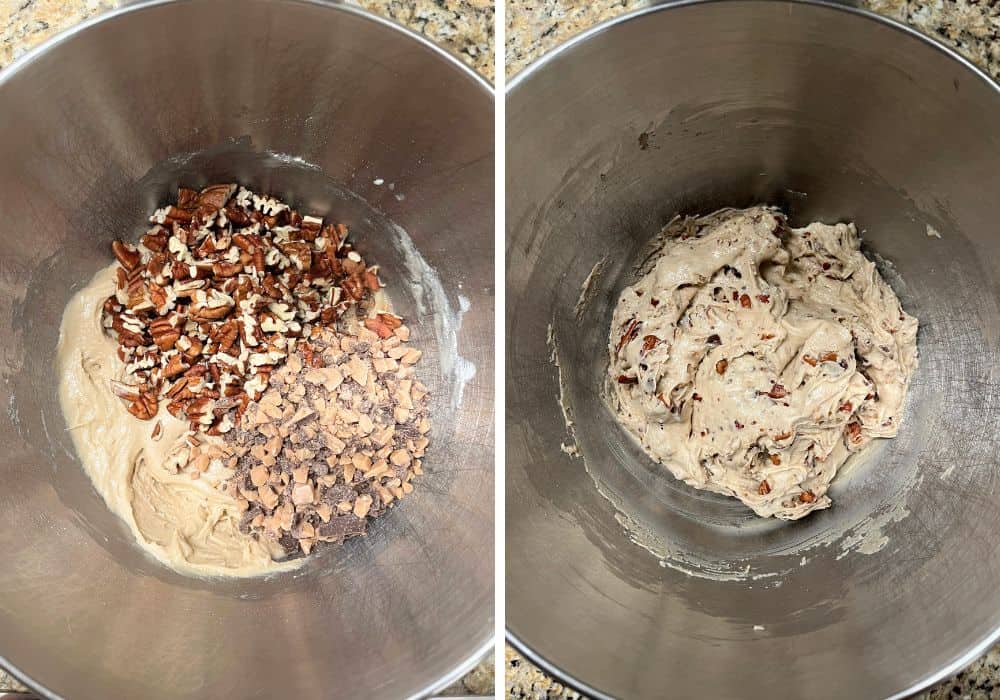 two photos; one shows chopped pecans and toffee bits added to cookie dough; the other shows the ingredients mixed together to create butter pecan cookie dough.