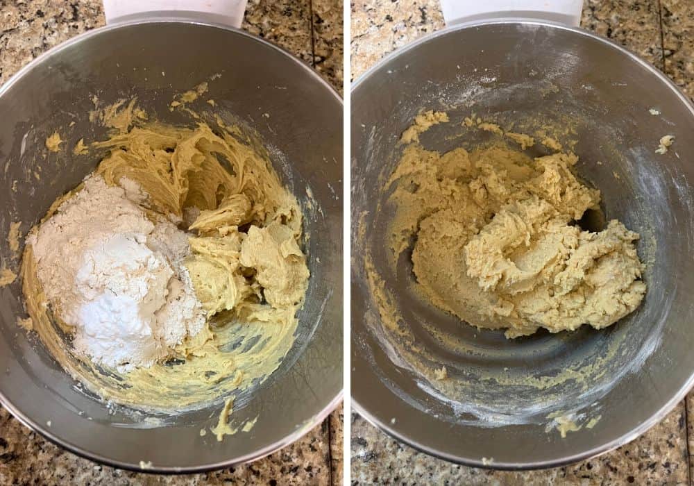 two photos; one shows dry ingredients added to the mixing bowl; the other shows the ingredients combined into a cookie dough.