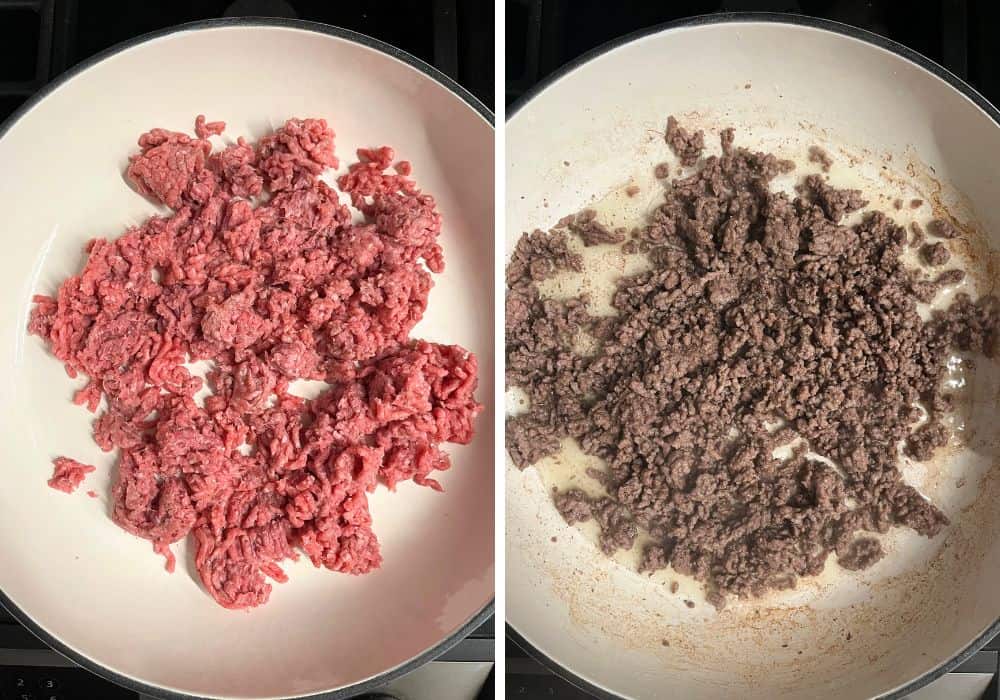 two photos; one shows raw ground beef in a skillet; the other shows cooked ground beef in a skillet.