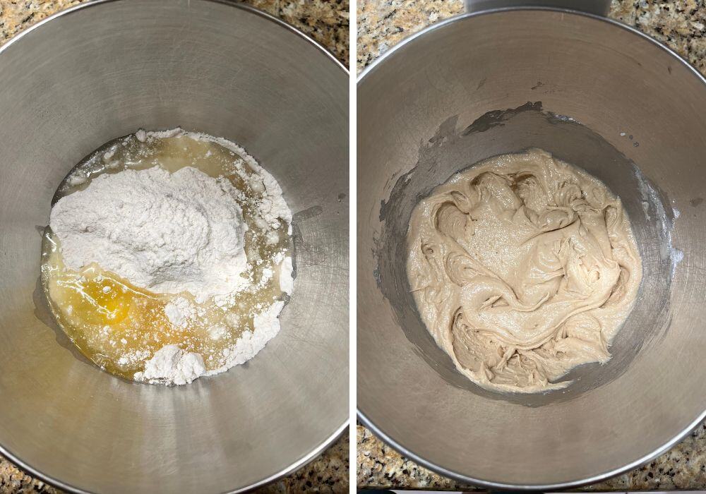 two photos; one shows cake mix, oil, eggs, and butter extract in a mixing bowl; the other shows those ingredients mixed together.