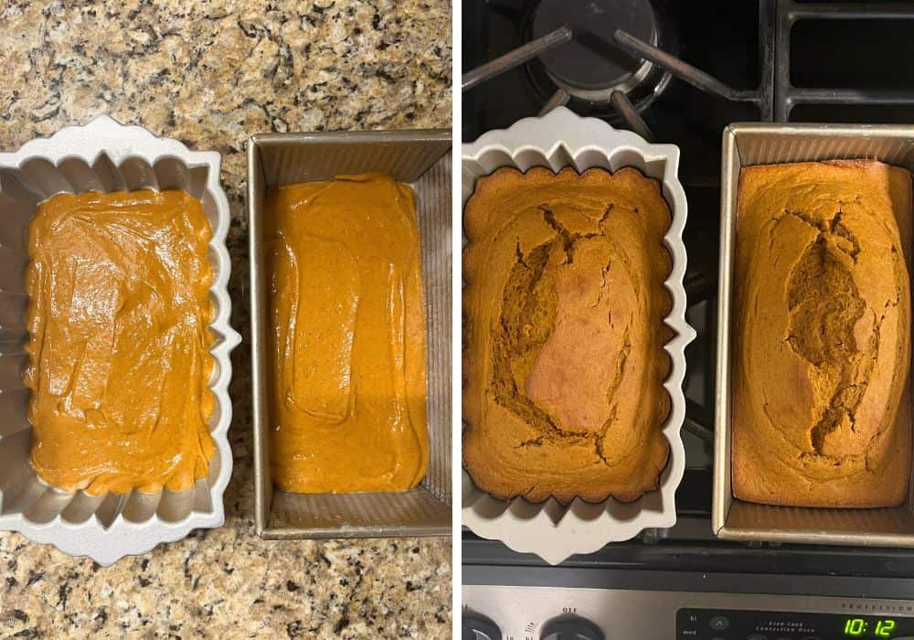 two photos; one shows pumpkin bread batter in two loaf pans; the other shows the freshly baked loaves in the pans.