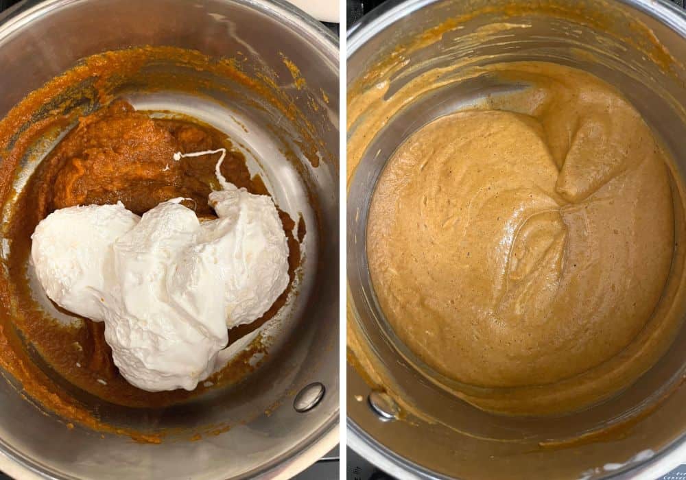two photos; one shows marshmallow creme added to the pumpkin puree mixture; the other shows the ingredients stirred together.