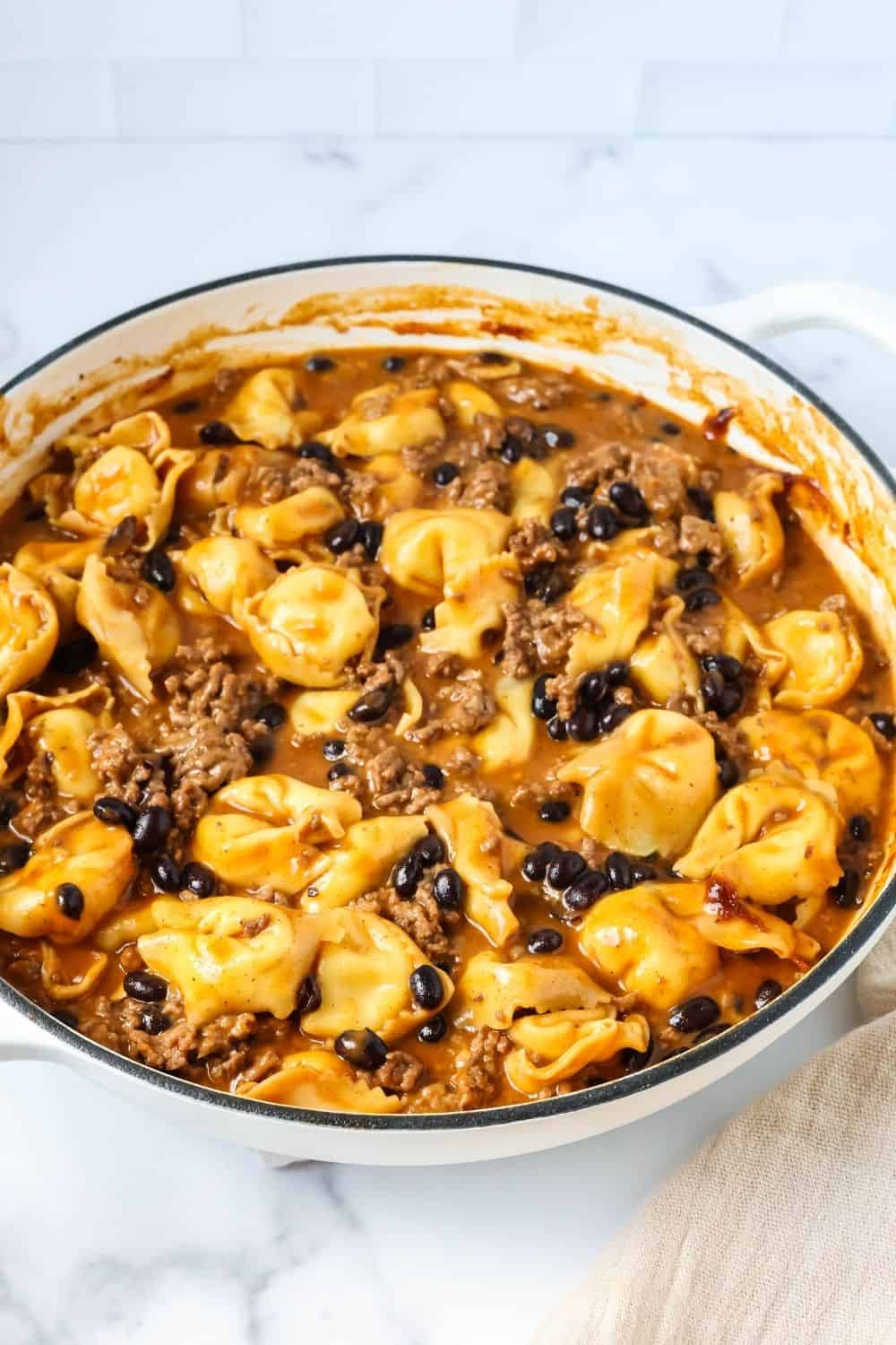 taco tortellini in a skillet, ready to serve.