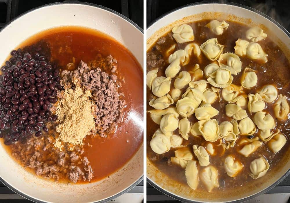 two photos; one shows cooked ground beef, enchilada sauce, beef broth, taco seasoning, and black beans in a skillet. The other shows frozen tortellini added to the pan.