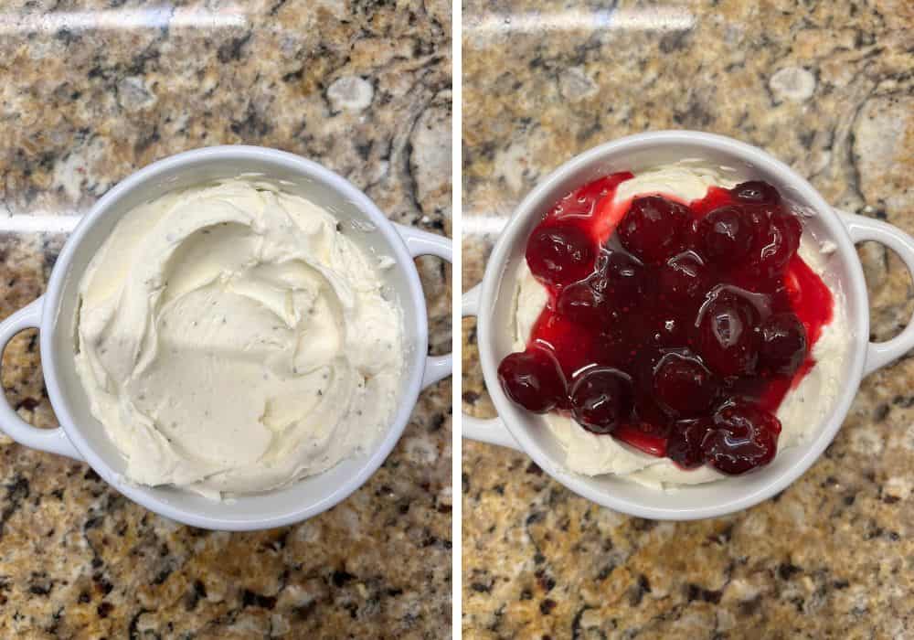 two photos; one shows the Boursin cream cheese mixture in a dish; the other shows cranberry sauce topping added.