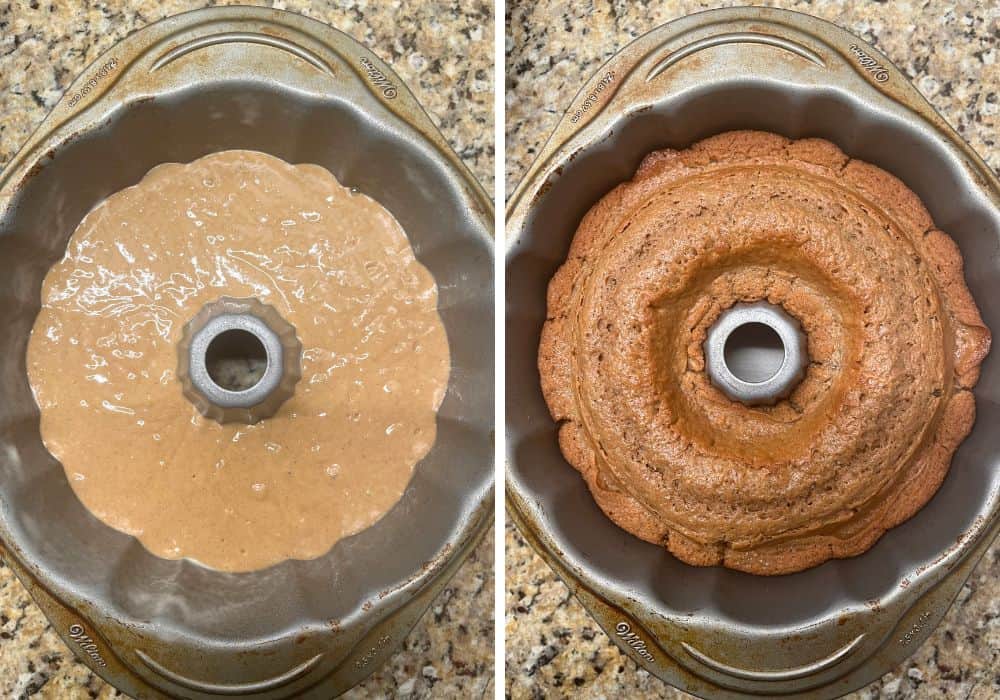 two photos; one shows the cake batter in a greased bundt pan; the other shows the cake in the pan after baking.