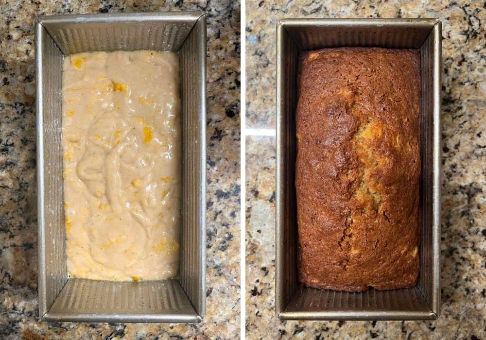 two photos; one shows peach bread batter in a loaf pan; the other shows the loaf in the pan after being baked.